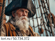 Old sea captain wearing tricorn hat standing on ship deck. Стоковое AI-изображение, AI-художник Иван Рябоконь / Фотобанк Лори