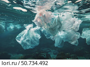 Plastic bags floating underwater polluting the ocean. Стоковое AI-изображение, AI-художник Иван Рябоконь / Фотобанк Лори