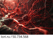 Neuron connecting with synapses transmitting signals in nervous system. Стоковое AI-изображение, AI-художник Иван Рябоконь / Фотобанк Лори