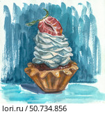 Watercolor illustration of cakes on dark background, cupcake with whipped cream and strawberries. Стоковая иллюстрация, иллюстратор Дарья Мережина / Фотобанк Лори