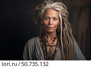 Senior charismatic woman with dreadlocks posing in studio, wearing ethnic jewelry. Стоковое AI-изображение, AI-художник Иван Рябоконь / Фотобанк Лори