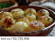 Roasted potatoes with parsley and olive oil in a rustic bowl, elevating simplicity. Стоковое AI-изображение, AI-художник Иван Рябоконь / Фотобанк Лори