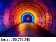 Rainbow tunnel creating vibrant and colorful pedestrian underpass. Стоковое AI-изображение, AI-художник Иван Рябоконь / Фотобанк Лори