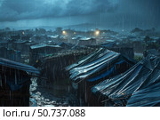 Heavy rain falling on makeshift refugee camp at night. Стоковое AI-изображение, AI-художник Иван Рябоконь / Фотобанк Лори