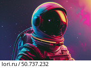 Astronaut wearing helmet and spacesuit, exploring outer space with retro synth. Стоковое AI-изображение, AI-художник Иван Рябоконь / Фотобанк Лори
