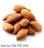 Pile of shelled almonds forming small mound on white background. Стоковое AI-изображение, AI-художник Иван Рябоконь / Фотобанк Лори