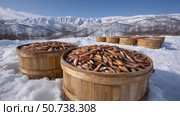 Smoked fish drying in wooden barrels in a snowy landscape. Стоковое AI-изображение, AI-художник Юрий Поздников / Фотобанк Лори