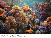 Colorful seahorse swimming gracefully in a vibrant coral reef. Стоковое AI-изображение, AI-художник Иван Рябоконь / Фотобанк Лори