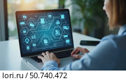 Businesswoman working on laptop with virtual screen. Process automation to efficiently manage files. Online documentation database and document management system concept. Стоковое AI-видео, аниматор Sergey Grishin / Фотобанк Лори