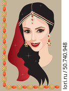 Красивая индианка с украшениями и драгоценностями. Beautiful Indian woman with jewelry and jewels. Стоковая иллюстрация, иллюстратор Alla Puzanova / Фотобанк Лори
