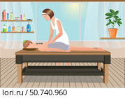 Массажистка в светлом красивом массажном кабинете делает массаж. A masseuse is doing a massage in a bright and beautiful massage room. Стоковая иллюстрация, иллюстратор Alla Puzanova / Фотобанк Лори