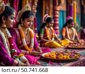 A group of women wearing traditional Indian clothing sit on a carpeted floor. Стоковое AI-изображение, AI-художник Ярославский Максим / Фотобанк Лори