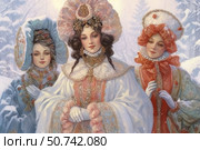An artistic winter portrait of three girls in traditional Russian costumes against the backdrop of a snowy forest. Each of them is dressed in richly decorated costumes with embroidery, fur trim, and elegant kokoshniks or hats. The center of the composition is occupied by a girl in white and pink, with a solemn expression on her face and elegant gloves. The image is made in the style of a Russian fairy tale, with soft pastel shades that give the scene romance, sophistication, and a sense of winter magic. Suitable for themes of culture, tradition, fashion, fairy tales, and portrait art. Стоковое AI-изображение, AI-художник Анна Кривицкая / Фотобанк Лори
