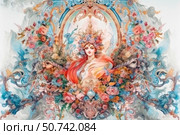 A bright decorative composition in the Baroque style with an image of a woman in the center, surrounded by lush flowers, exquisite patterns and ornaments. The female figure is decorated with a wreath of flowers and a crown, and her outfit shimmers with shades of red, white and gold. The symmetrical structure of the image, rich in details, gives it solemnity and aesthetic completeness. The work is done in the technique of watercolor illustration with smooth color transitions and stylization under a painting or fresco. Suitable for the themes of art, beauty, femininity, decorative design and history. Стоковое AI-изображение, AI-художник Анна Кривицкая / Фотобанк Лори