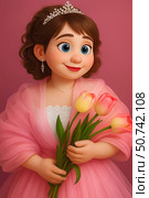 3D illustration of a woman with a slight smile wearing a festive white and pink dress and a tiara, holding a bouquet of yellow and pink tulips on a pink background. Стоковое AI-изображение, AI-художник Неведицына Елена / Фотобанк Лори