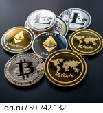 Cryptocurrency in the form of coins. BTC, ETH, LTC, Ripple. Стоковое AI-изображение, AI-художник Олег Яцкевич / Фотобанк Лори