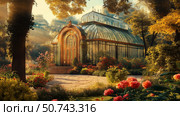 Lush greenery fills a sunlit conservatory with tropical plants and serene water features during a tranquil morning. Стоковое AI-изображение, AI-художник Михаил Коханчиков / Фотобанк Лори