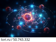 Atom with rotating electrons, energy and matter concept background. Стоковое AI-изображение, AI-художник Михаил Коханчиков / Фотобанк Лори