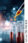 Scientific Experiment With Pipette and Test Tubes in a Laboratory Setting at Night. Стоковое AI-изображение, AI-художник Юлия Гапеенко / Фотобанк Лори