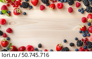 Light wooden table with berries, and free copy space for text. Top view. Стоковое AI-изображение, AI-художник Олег Яцкевич / Фотобанк Лори
