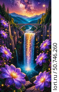 A magical sparkling starry waterfall and bridge in a fairy-tale natural landscape. Стоковое AI-изображение, AI-художник Анастасия Пальчикова / Фотобанк Лори