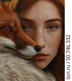 A red hair girl with a Fox, Close-up cinematic portrait. Стоковое AI-изображение, AI-художник Олег Яцкевич / Фотобанк Лори