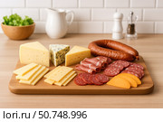 A Delectable Cheese and Charcuterie Board Featuring Variety of Cheeses, Meats, and Accompaniments Perfect for Entertaining or Personal Indulgence. Стоковое AI-изображение, AI-художник Башкирова Анна / Фотобанк Лори