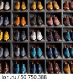 Rows of polished dress shoes in different colors and styles aligned on wooden shelves. Footwear showcases detailed craftsmanship, featuring brogue designs and varied hues for fashion enthusiasts. Стоковое AI-изображение, AI-художник Olga Monako / Фотобанк Лори