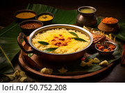 Delicious pongal with traditional spices and condiments celebrating south indian cuisine. Стоковое AI-изображение, AI-художник Иван Рябоконь / Фотобанк Лори