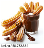 Churros dipped in hot chocolate sprinkled with powdered sugar. Стоковое AI-изображение, AI-художник Иван Рябоконь / Фотобанк Лори