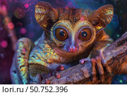 Philippine tarsier clinging to branch in vibrant rainbow light. Стоковое AI-изображение, AI-художник Иван Рябоконь / Фотобанк Лори