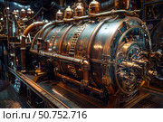 Complex steampunk machine displaying intricate gears and pipes in a retrofuturistic setting. Стоковое AI-изображение, AI-художник Иван Рябоконь / Фотобанк Лори