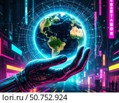 Рука нейросети держит земной шар - будущее (судьба) планеты земля в руках нейросети. Стоковое AI-изображение, AI-художник Владислав Дельдюгинов / Фотобанк Лори