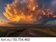 Supercell storm clouds glowing orange at sunset over dirt road and prairie fields. Стоковое AI-изображение, AI-художник Иван Рябоконь / Фотобанк Лори
