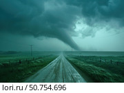 Large tornado forming above wet country road. Стоковое AI-изображение, AI-художник Иван Рябоконь / Фотобанк Лори