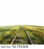 Rusty railroad tracks disappearing into white background on green hill. Стоковое AI-изображение, AI-художник Иван Рябоконь / Фотобанк Лори
