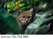 Leopard cat hiding in lush green foliage. Стоковое AI-изображение, AI-художник Иван Рябоконь / Фотобанк Лори