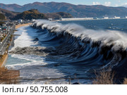 Huge tsunami waves crashing on coastal city, causing destruction and flooding. Стоковое AI-изображение, AI-художник Иван Рябоконь / Фотобанк Лори