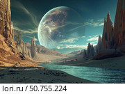 Turquoise river flows through alien desert landscape under giant planet. Стоковое AI-изображение, AI-художник Иван Рябоконь / Фотобанк Лори