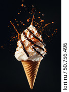 Delicious Ice Cream Cone With Chocolate Sauce and Sprinkle Splatter in a Dark Setting. Стоковое AI-изображение, AI-художник Юлия Гапеенко / Фотобанк Лори