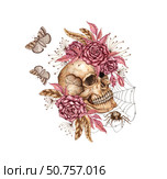 Skull profile roses moths and web watercolor. Стоковая иллюстрация, иллюстратор Андрей Золотарев / Фотобанк Лори