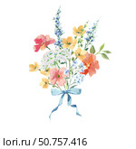 Romantic gouache bouquet with foxglove, poppy, buttercups and Queen Anne lace vintage-style hand-painted floral bunch tied with blue ribbon. Ideal for stationery, fabric design, bridal decor and feminine projects. Стоковая иллюстрация, иллюстратор Анастасия Лембрик / Фотобанк Лори