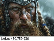Viking warrior wearing helmet with scars and braids posing under rain. Стоковое AI-изображение, AI-художник Иван Рябоконь / Фотобанк Лори