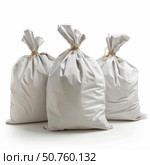 Three white sacks tied with rope containing goods on white background. Стоковое AI-изображение, AI-художник Иван Рябоконь / Фотобанк Лори