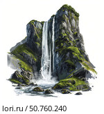Waterfall cascading down mossy cliff face into pristine stream. Стоковое AI-изображение, AI-художник Иван Рябоконь / Фотобанк Лори