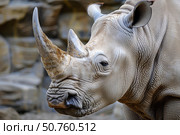 White rhinoceros displaying its large horns and wrinkled skin. Стоковое AI-изображение, AI-художник Иван Рябоконь / Фотобанк Лори