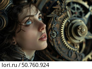 Steampunk woman observing complex gear mechanism in retrofuturistic setting. Стоковое AI-изображение, AI-художник Иван Рябоконь / Фотобанк Лори