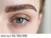 Woman showing perfect eyebrows after microblading treatment. Стоковое AI-изображение, AI-художник Иван Рябоконь / Фотобанк Лори