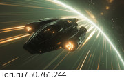 Spaceship navigating through colorful light trails in a cosmic interstellar travel. Стоковое AI-изображение, AI-художник Михаил Коханчиков / Фотобанк Лори