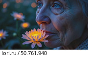 A woman is looking at a flower with a yellow center. Стоковое AI-видео, аниматор Виктория Кольцова / Фотобанк Лори